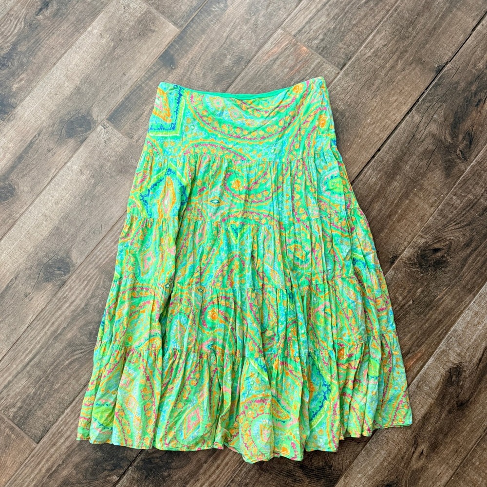 Lauren Ralph Lauren Vintage Women Boho Paisley Tiered Maxi Skirt, Green, L